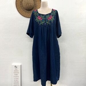 Naqui New York oversized denim dress M Embroidery Boho Cottage Farmhouse western